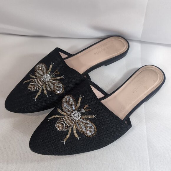 Kate Spade Maddie BEE Buzz Worthy Shoes Flats Black Gold Beaded Embroidered 7.5 - Picture 1 of 16
